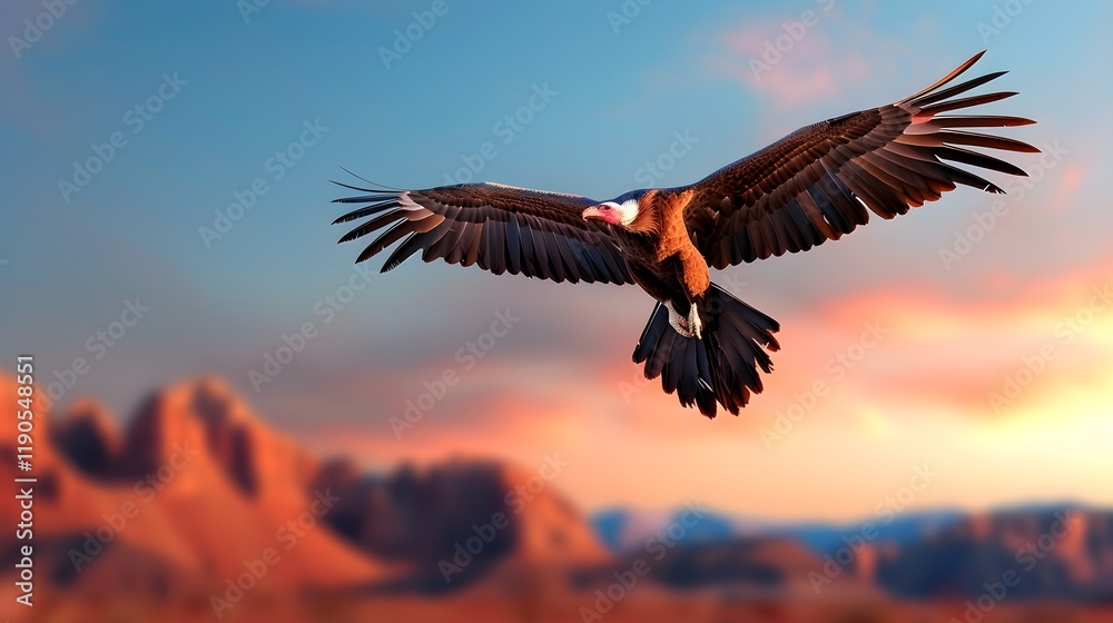 Obraz premium A magnificent condor takes flight against a breathtaking sunset sky.