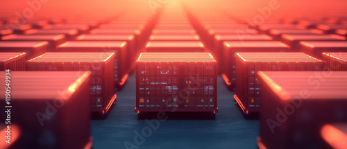 logistics hub with rows of shipping containers under vibrant sunset photo