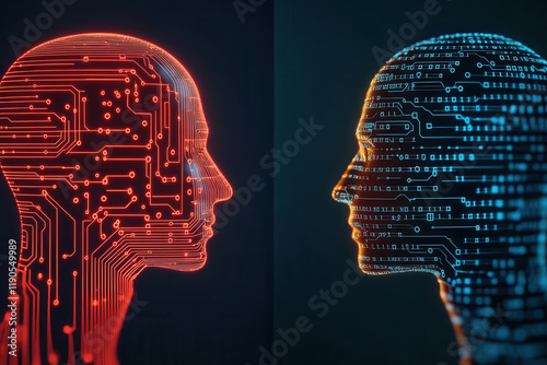 Two digital human profiles face each other, one in red circuitry and other in blue, symbolizing technology and artificial intelligence