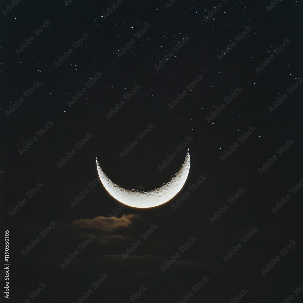 Radiant beams piercing through the starlit sky, the crescent moon glowing with mystical energy Radiant beams piercing through the starlit sky, the crescent moon glowing with mystical energy