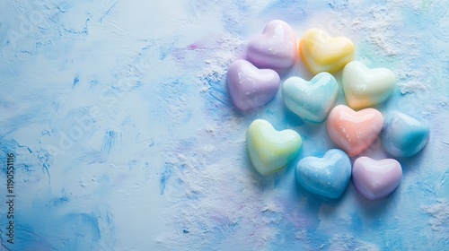 Pastel Heart Shaped Candies on Blue Background photo