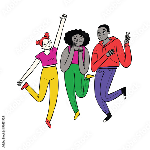 Three best friends happily showing different gestures. Hand drawn vector cartoon illustration.