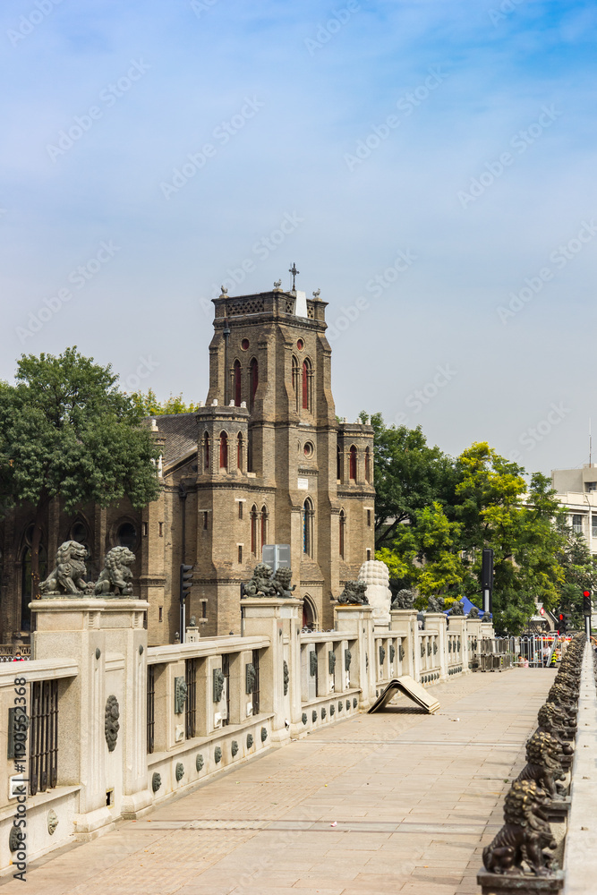 Shizilin Bridge leading to the historic Wanghailou church in Tianjin, China