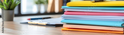 Loan documentation organized in a photo of blank folders stacked neatly on a desk.