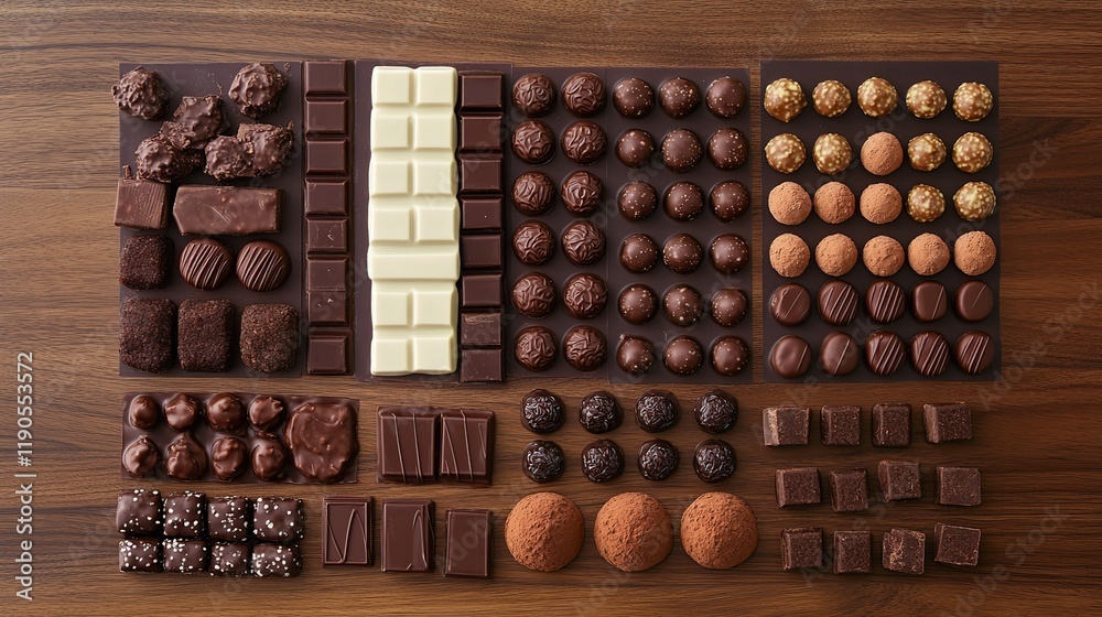 Assorted chocolates arranged on wooden surface. Assorted chocolates arranged on wooden surface.
