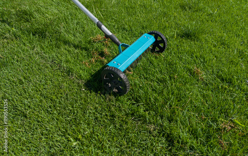 Hand scarifier for lawn in action photo
