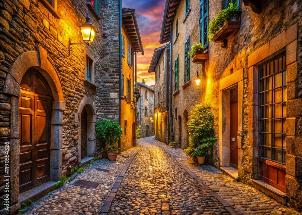 Fototapeta premium Bergamo Citta Alta: Charming Medieval Street in Italy - Stock Photo