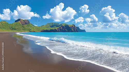 A scenic coastal view shows a beach with black sand, turquoise waters, and lush green hills under a partly cloudy sky