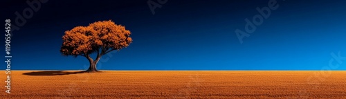 Solitary Tree on Orange Field: A single tree stands silhouetted against a vibrant blue sky, its orange leaves contrasting beautifully with the golden-hued field. photo