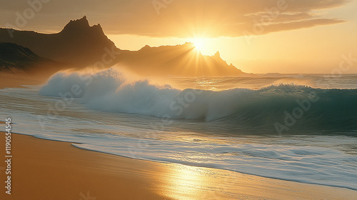 A stock image shows a vibrant beach scene at sunrise