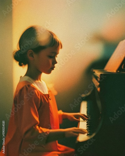 A young girl playing a grand piano in a warm photo