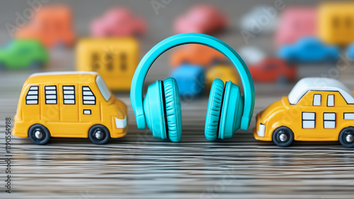 Tune Out the Noise:  A pair of vibrant blue headphones sit between two toy cars, symbolizing finding peace and focus amidst the hustle and bustle of life. photo