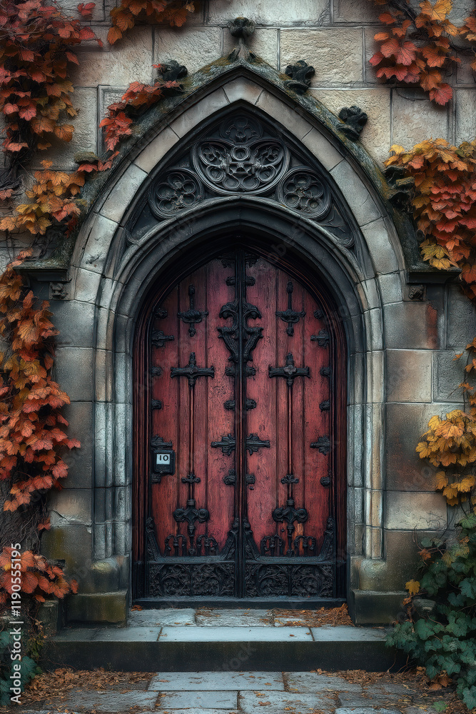 Obraz premium Entrance of a medieval church. Gothic architecture. Intricate details. Created with Generative AI technology