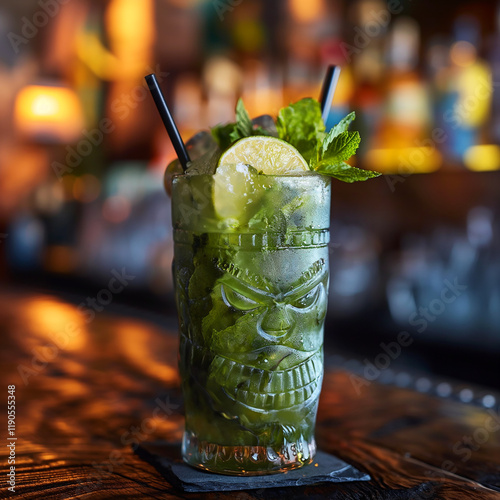 Refreshing mojito mojito cocktail with lime and mint at a bar, served in a distinctive tiki glass photo