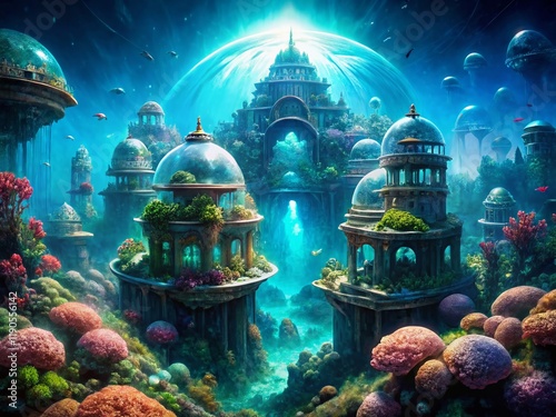 Bioluminescent Underwater City: Glass Domes & Aquatic Life - Stock Photo photo