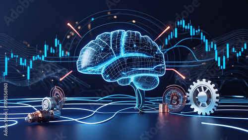 An AI brain with glowing blue circuits, surrounded by stock market charts, cryptocurrency symbols, and transactional lines. photo