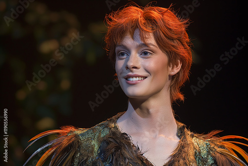 Smiling Peter Pan character in costume on theater stage, redhead performance in forest scenery