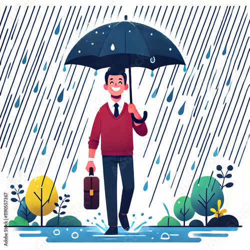 Cheerful professional navigating rainy city street, carrying umbrella and briefcase with confident stride photo