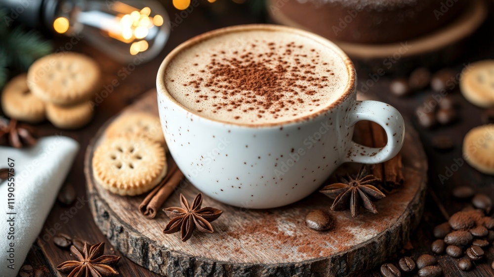 wo White Coffee Cups with Yellow Floral Patterns on a Snow-Dusted Wooden Table, Sunlit with Blooming White Flowers in a Sparkling Background wo White Coffee Cups with Yellow Floral Patterns on a Snow-Dusted Wooden Table, Sunlit with Blooming White Flowers in a Sparkling Background