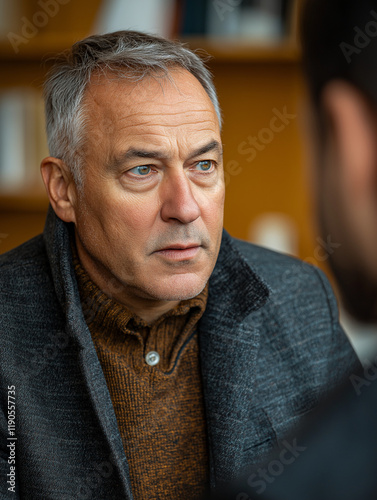 A man talking to a man. At a psychotherapist's. A man in a psychologist's office.