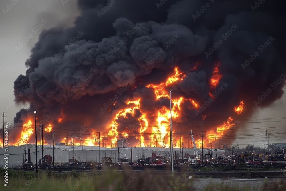Intense blaze consumes a large warehouse as heavy smoke rises above