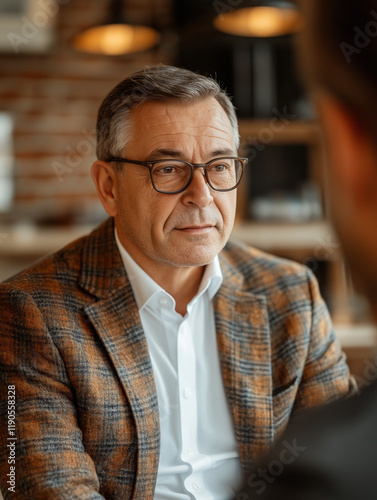 A man talking to a man. At a psychotherapist's. A man in a psychologist's office.