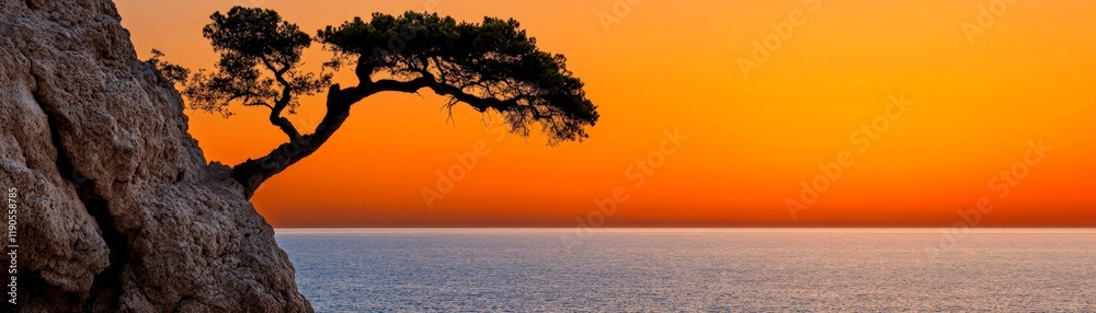 Sunset Serenity: A lone tree clings to a rocky cliff overlooking a calm sea, silhouetted against a vibrant orange sunset. The scene evokes a sense of peace and resilience. Sunset Serenity: A lone tree clings to a rocky cliff overlooking a calm sea, silhouetted against a vibrant orange sunset. The scene evokes a sense of peace and resilience.