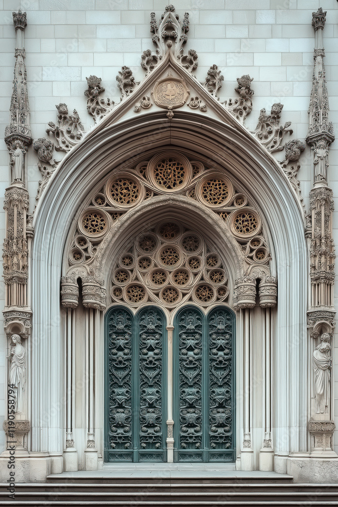 Fototapeta premium Entrance of a medieval church. Gothic architecture. Intricate details. Created with Generative AI technology