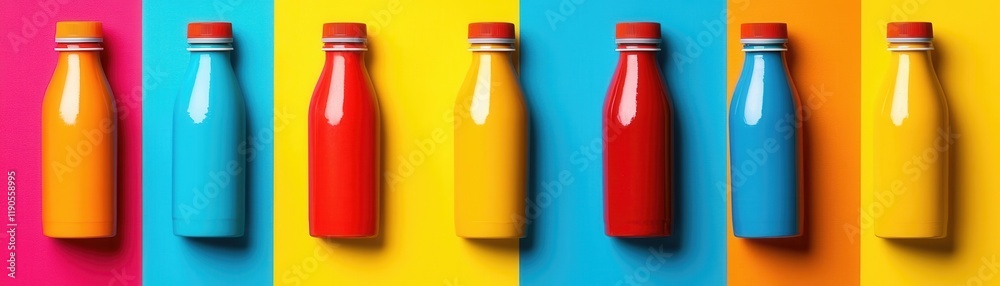 Vibrant colorful bottles display studio setting product bright background eye-level view visual appeal