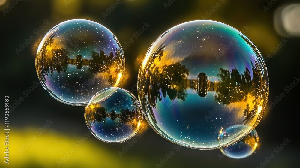 Three soap bubbles reflecting golden sunset light. Three soap bubbles reflecting golden sunset light.