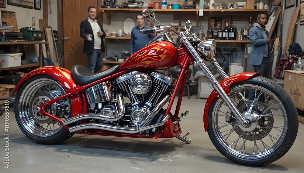 Red custom chopper motorcycle with flame paint job in garage.
