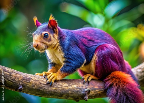 Malabar Giant Squirrel Close-Up on Tree Branch, Vibrant Purple Fur, Copy Space Left photo