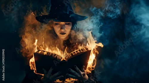 beautiful woman in halloween witch costume with burning book in hands