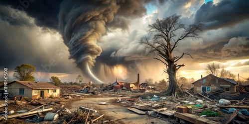 A massive tornado ravages a barren landscape, leaving destruction and debris in its wake, with trees uprooted and buildings reduced to rubble , devastation, destructive power
