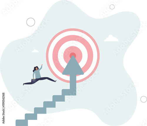 Reach target or progress to reach goal, career step to success, achievement or growth, challenge and motivation to succeed concept.flat characters.