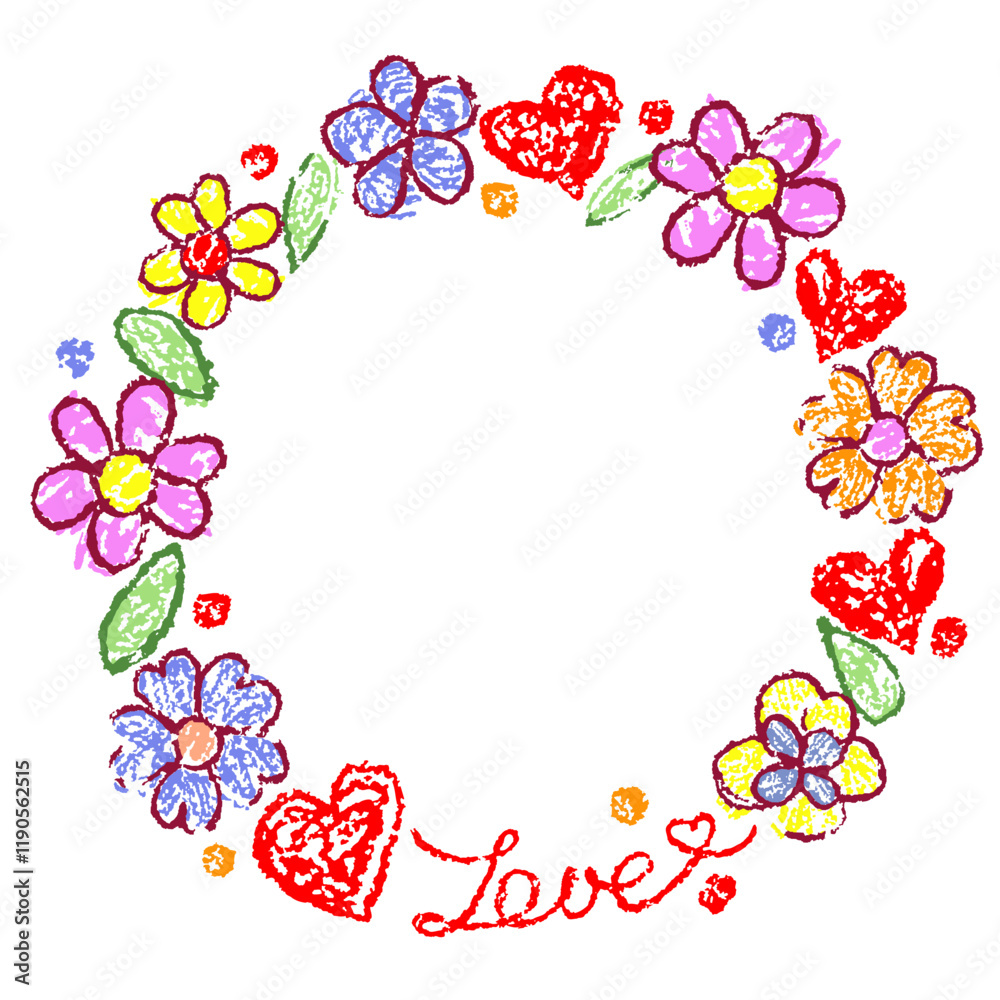 Cute girly funny round frame or vignette with blooming colorful flower. Like kids hand drawn border or background doodle teenager child style. Crayon, pastel chalk or pencil summer cartoon art banner