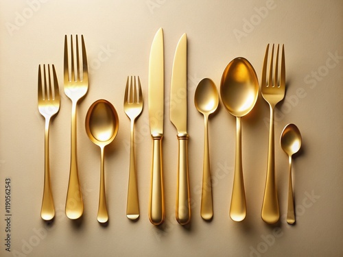 Elegant Gold Cutlery Set on Beige Background - Top View Banner Image