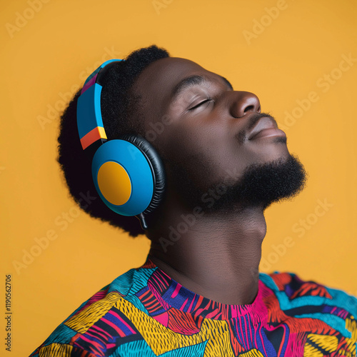 afrikanischer junger Mann mit stylischen bunten Kopfhörern hört entspannt Musik vor leuchtendem gelben Hintergrund. Modernes Lifestyle-Portrait photo