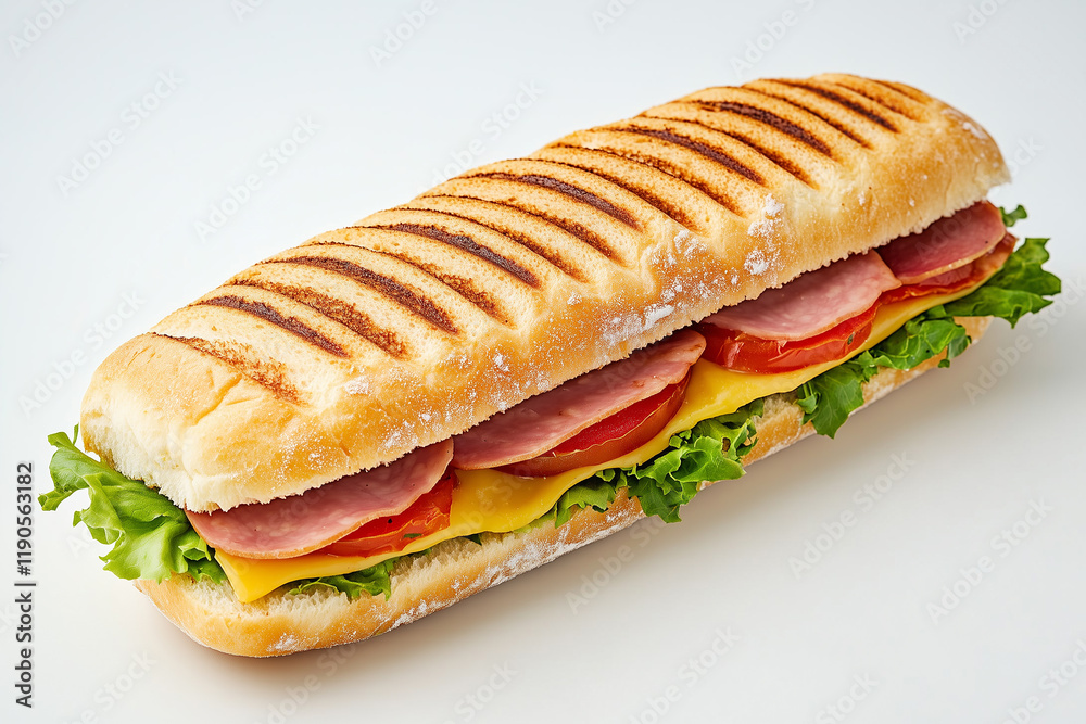 Turkey sandwich with lettuce, ham and vegetables,
Subway isolated in white background. Turkey sandwich with lettuce, ham and vegetables,
Subway isolated in white background.