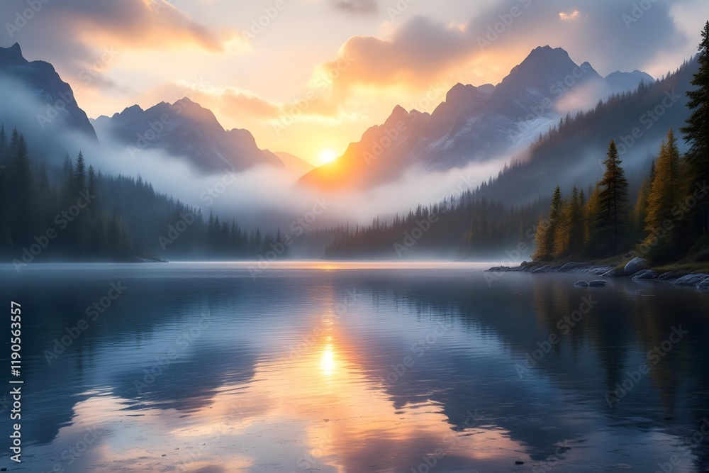 Fototapeta premium A serene mountain lake at sunrise, surrounded by misty peaks and pine trees, with soft golden light reflecting on the water