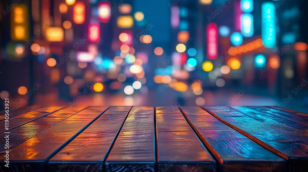 Close-Up of Wooden Table with Neon Lights and Blurred Bokeh in a Dark Night Ambiance Close-Up of Wooden Table with Neon Lights and Blurred Bokeh in a Dark Night Ambiance