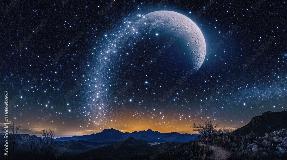 Fototapeta premium A Majestic Night Sky with the Moon and Stars, Radiating Peace and Wonder