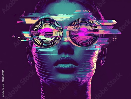 Futuristic portrait of a human figure with vinyl record eyes