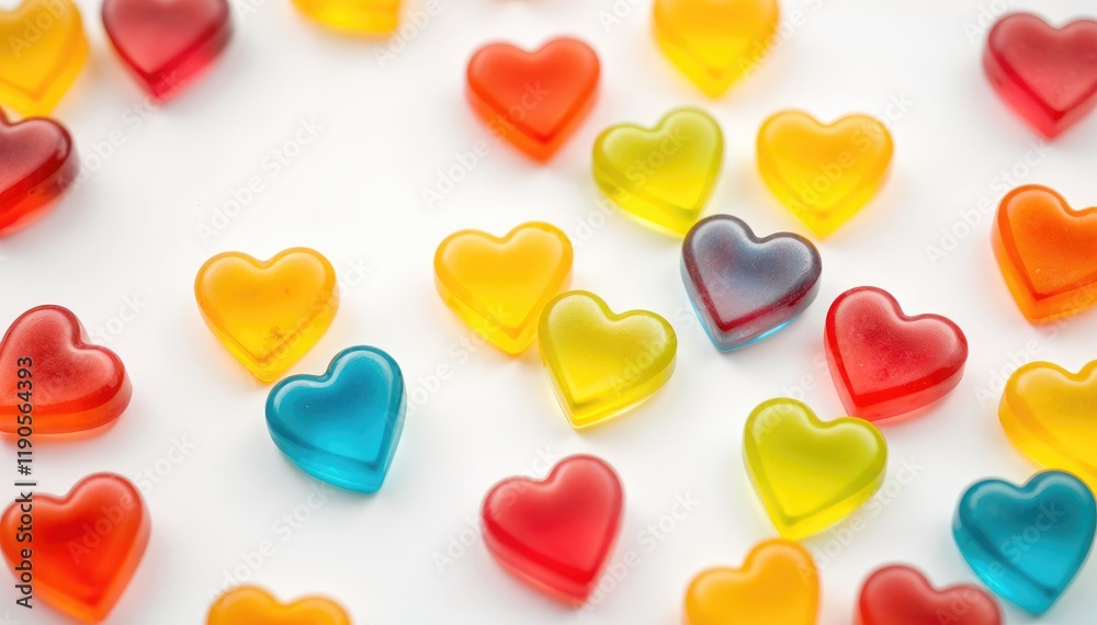 Fototapeta premium Colorful heart shaped candies scattered on white background