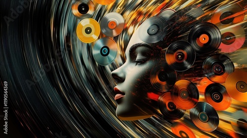 Vinyl records form a whimsical stylized face