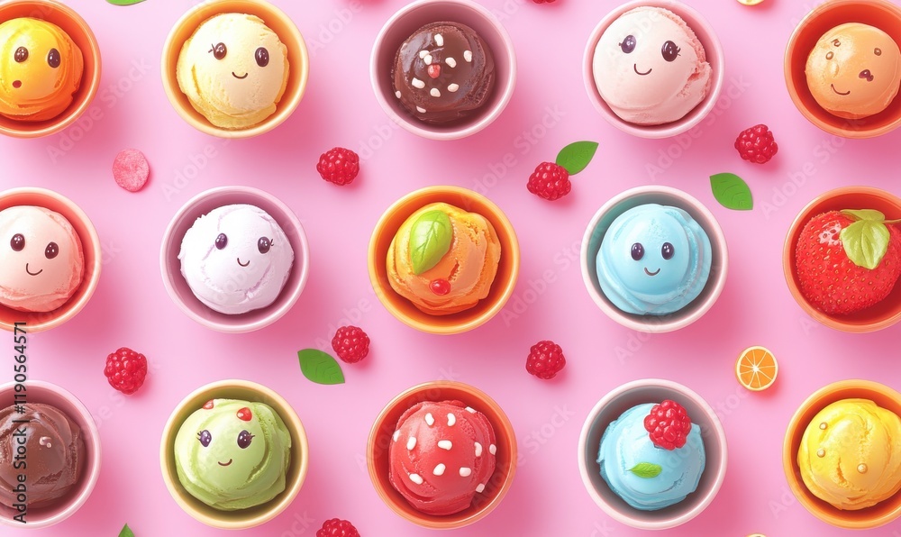 Colorful Ice Cream Scoops with Cute Faces on Pink Background, Featuring Various Flavors and Toppings for a Fun and Whimsical Dessert Display Colorful Ice Cream Scoops with Cute Faces on Pink Background, Featuring Various Flavors and Toppings for a Fun and Whimsical Dessert Display