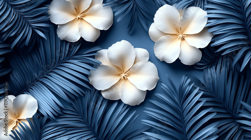 A flat lay image of white flowers against a blue palm frond background