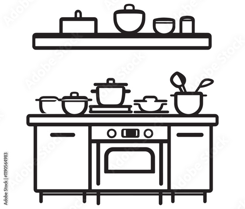 A black and white drawing of a kitchen, Line art kitchen furniture set