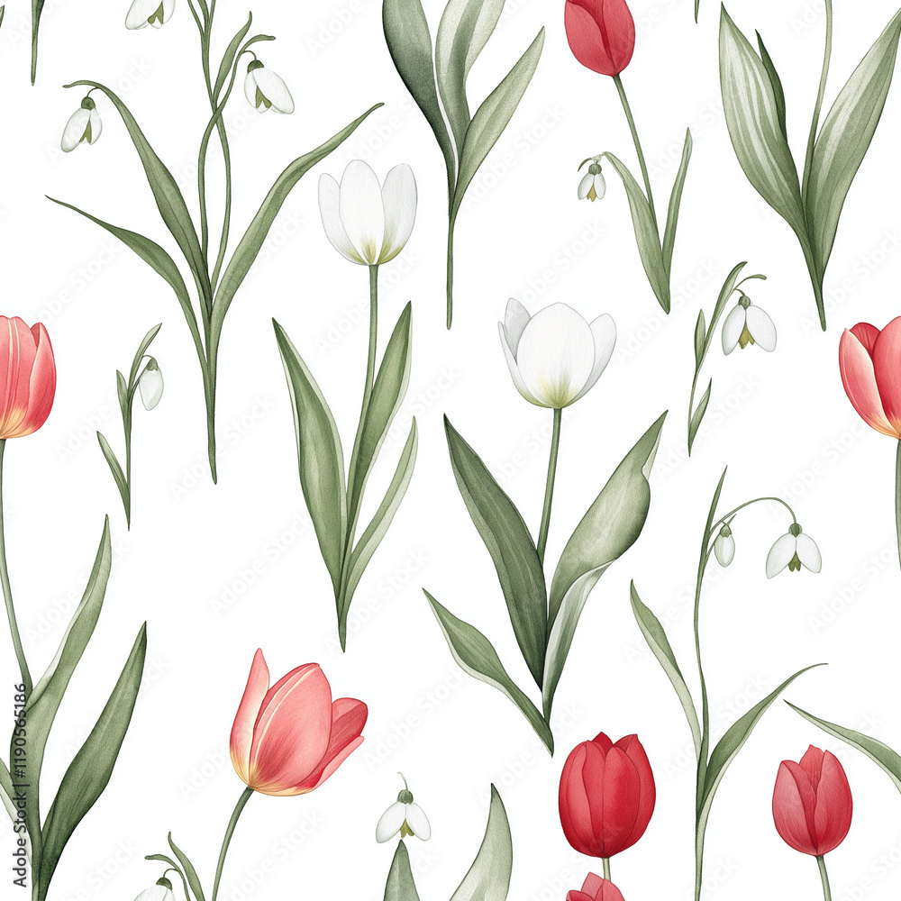 Watercolor seamless pattern of tulips and snowdrops Watercolor seamless pattern of tulips and snowdrops