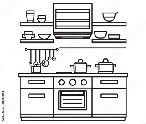 A black and white drawing of a kitchen, Line art kitchen furniture set